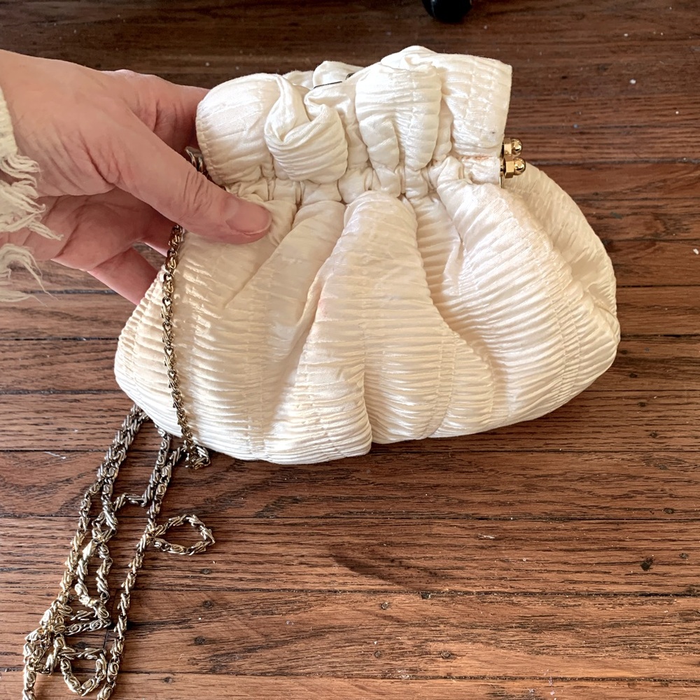 Cute vintage sateen dumpling style evening bag with long gold chain strap